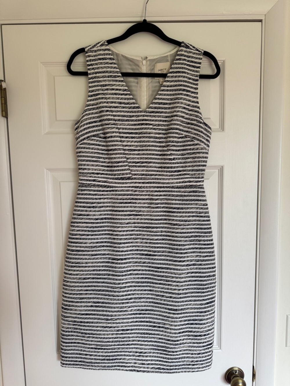 J. Crew Black and White Striped V-Neck Midi Sheath Dress